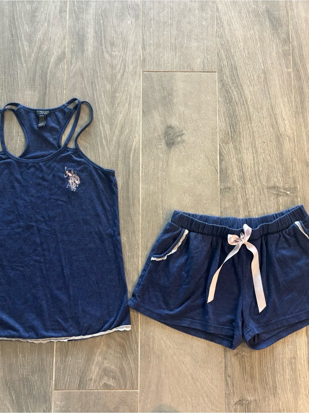 U.S. Polo Assn. Navy Tank Top & Shorts Sleep Set with Pink Ribbon